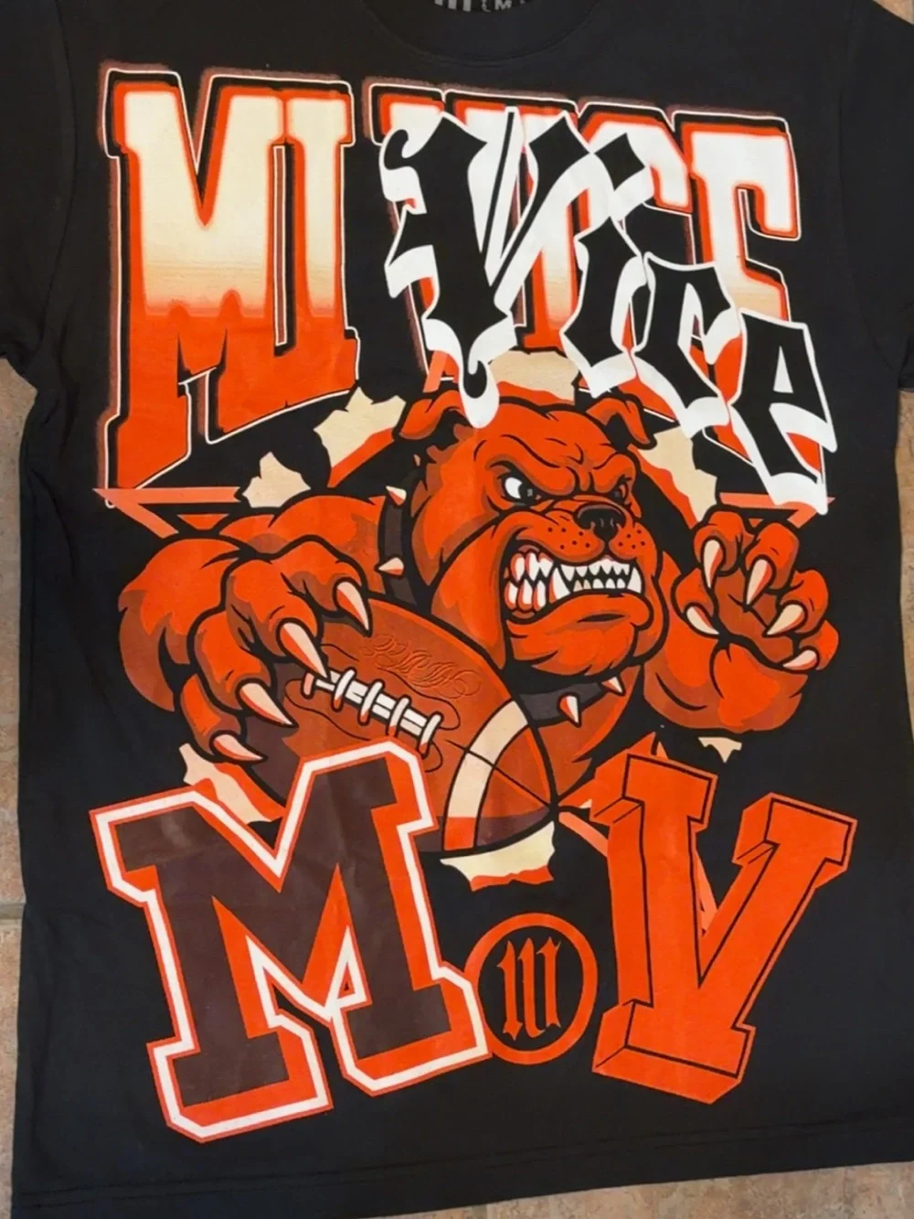 MI Vice Black Graphic Bulldog Football T-Shirt with Red Accents